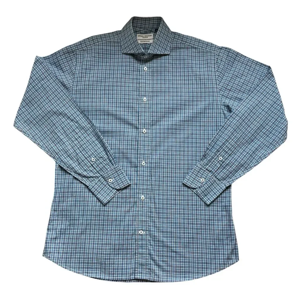 Spier Mackay Shirt Mens 16 Blue Plaid Long Sleeve Handmade Contemporary Fit